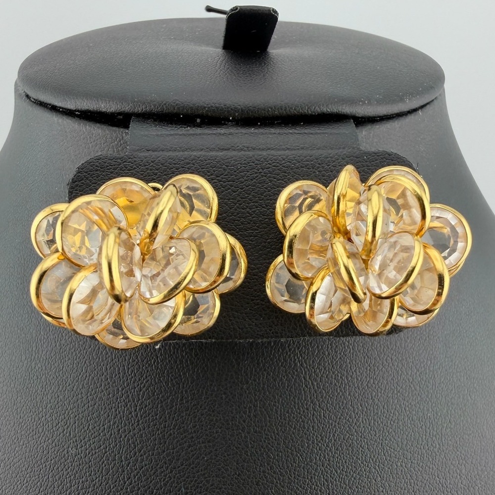 Gold Tone Clear Floral Cluster Crystal Statement Stud Earrings